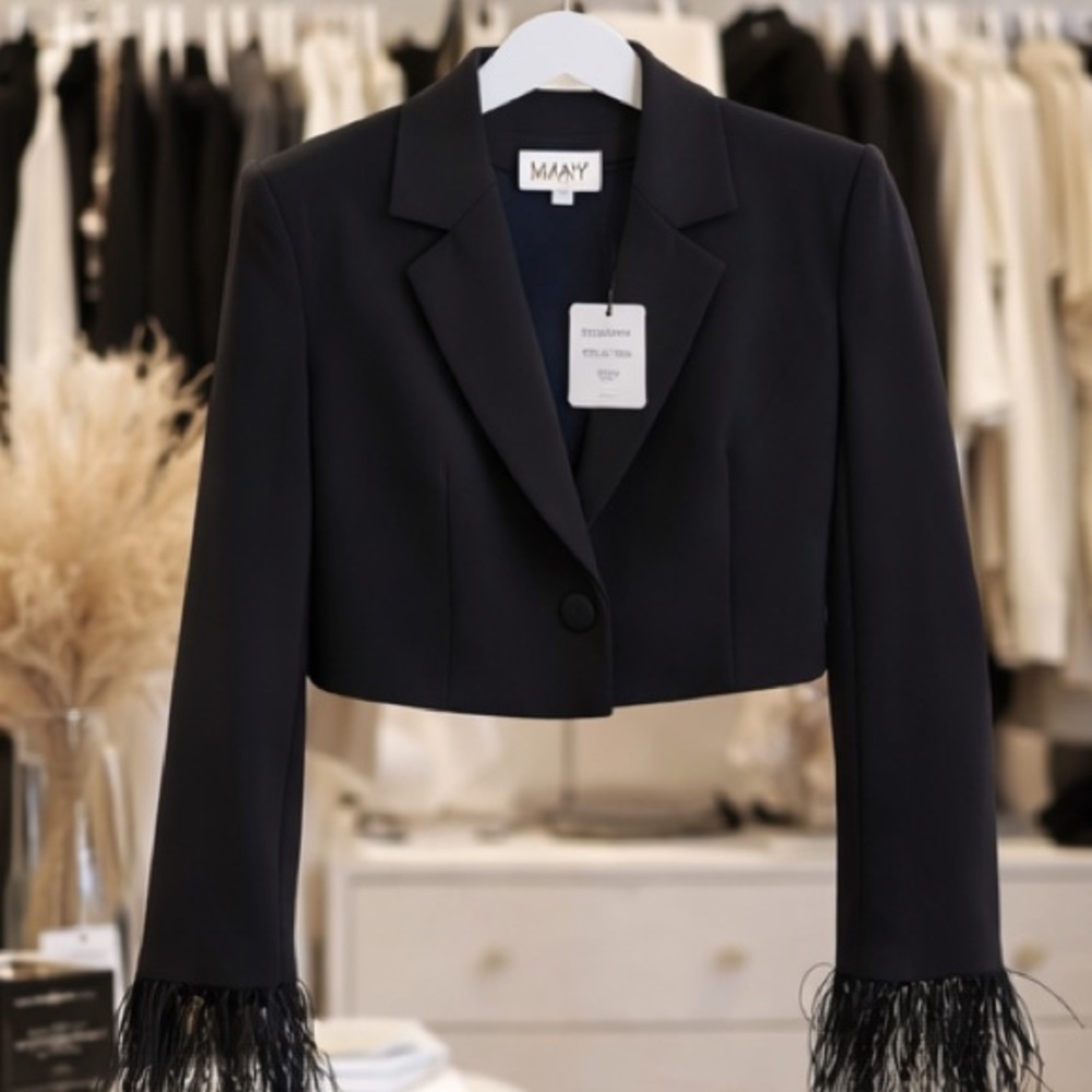 WAYF Black Feather Trim Cropped Jacket Blazer Size XS NWT Chic Minimalist
